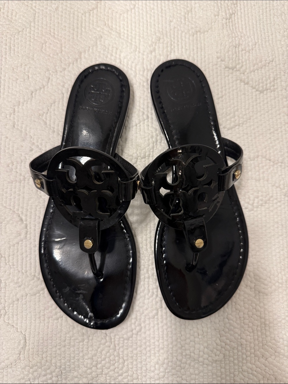Tory Burch Black Patent Logo Thong Sandals